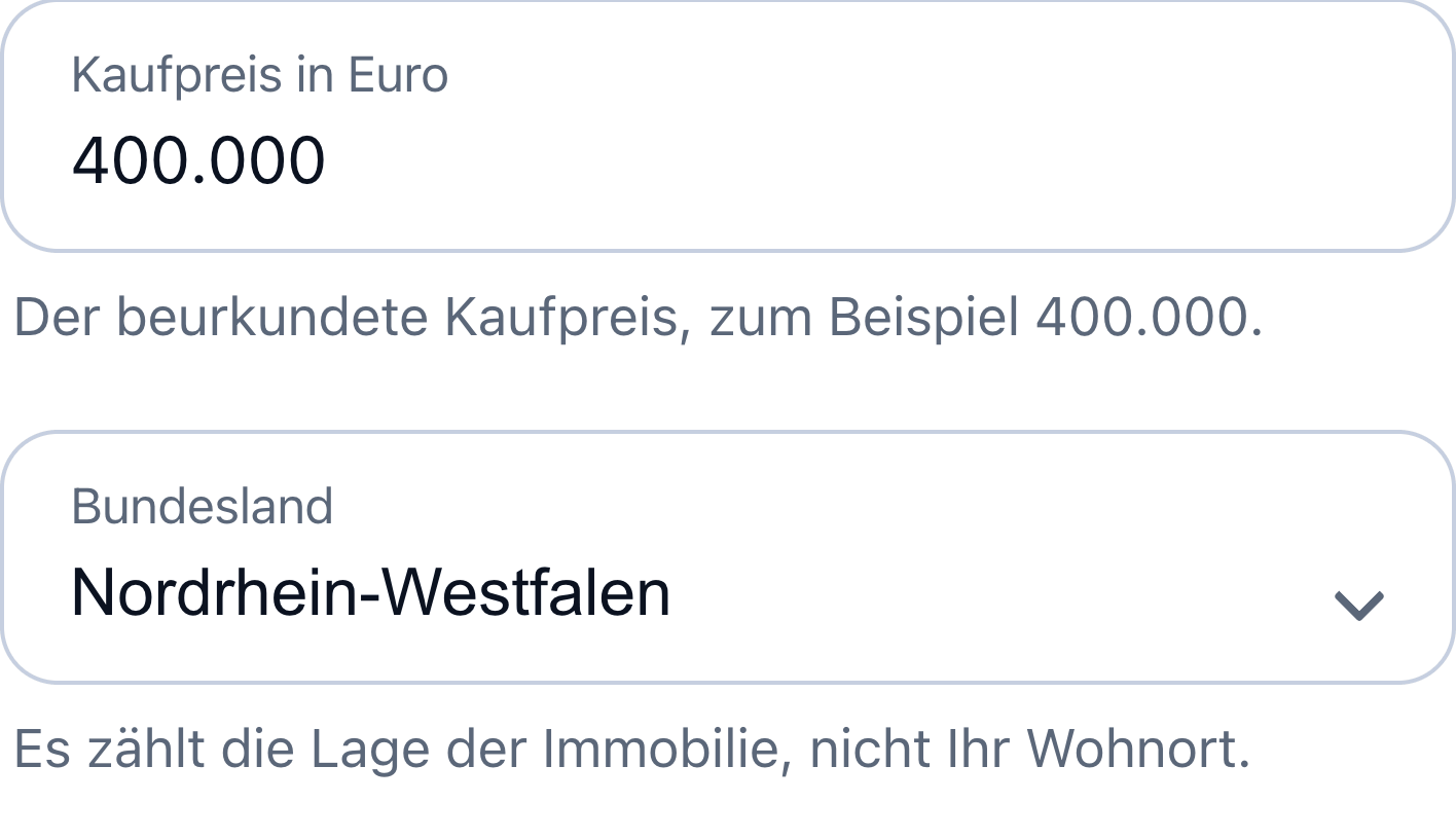 Kaufnebenkosten Rechner: das Feld Kaufpreis mit der Eingabe 400.000 und darunter das Auswahlfeld Bundesland mit Nordrhein-Westfalen.