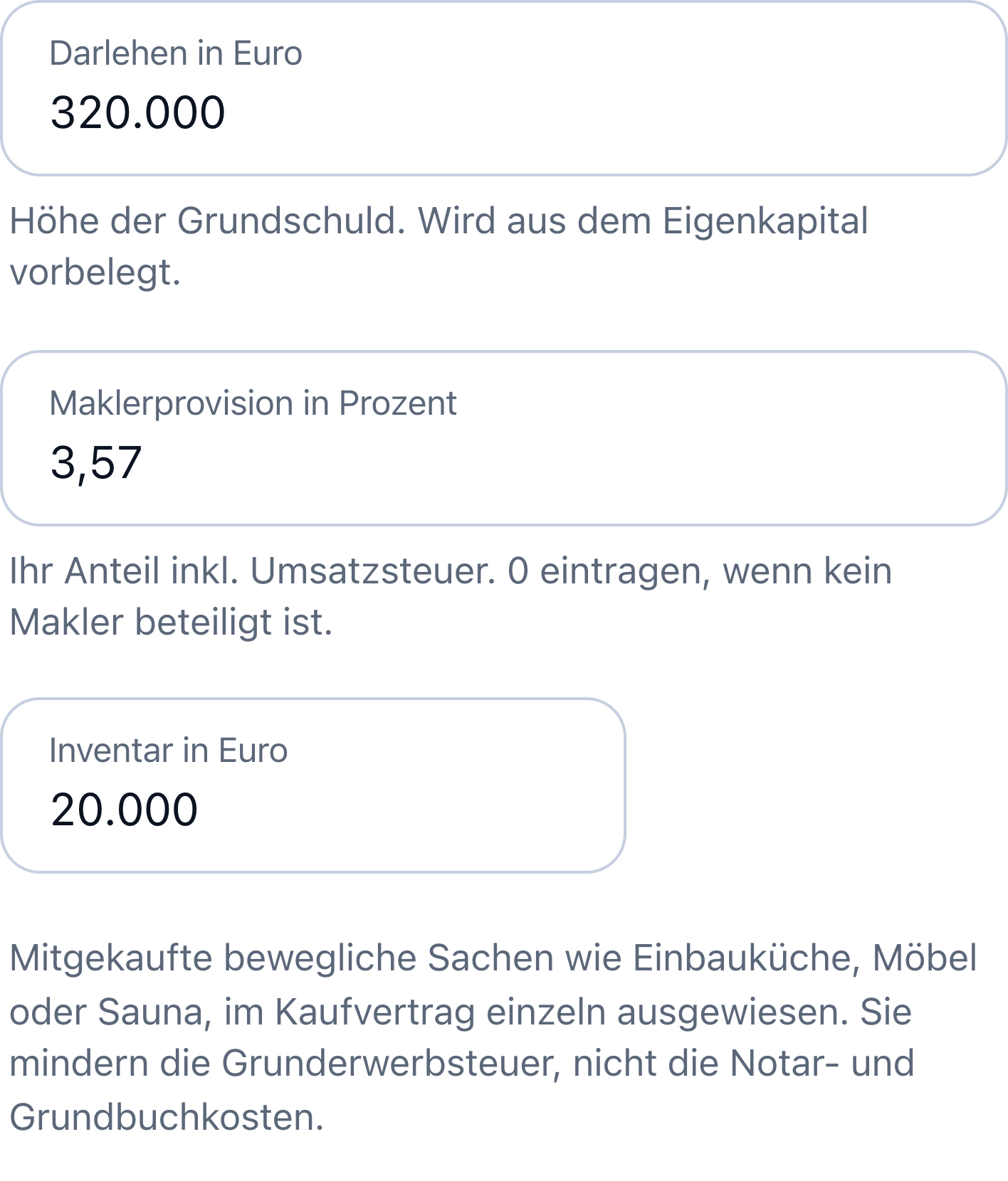 Kaufnebenkosten Rechner: die Felder Darlehen mit 320.000 und Maklerprovision mit 3,57 Prozent, darunter das Feld für das Inventar.