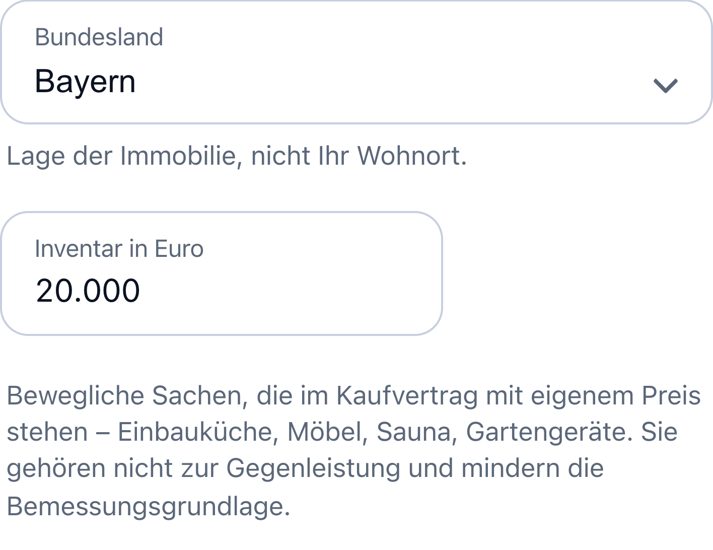 Grunderwerbsteuer Rechner: das Auswahlfeld Bundesland mit Bayern und darunter das Feld Inventar mit 20.000 Euro.